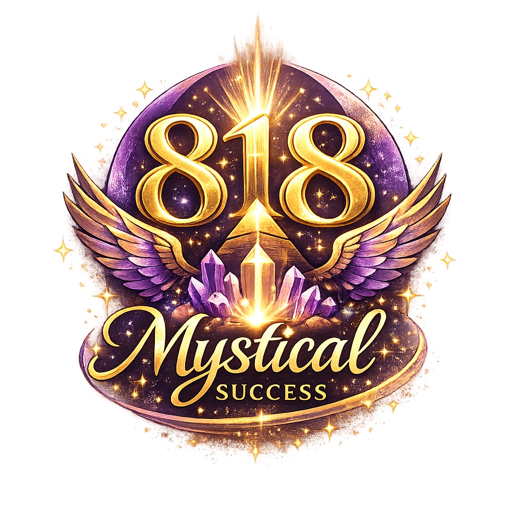818 Mystical Success logo with golden 818, purple wings and crystals