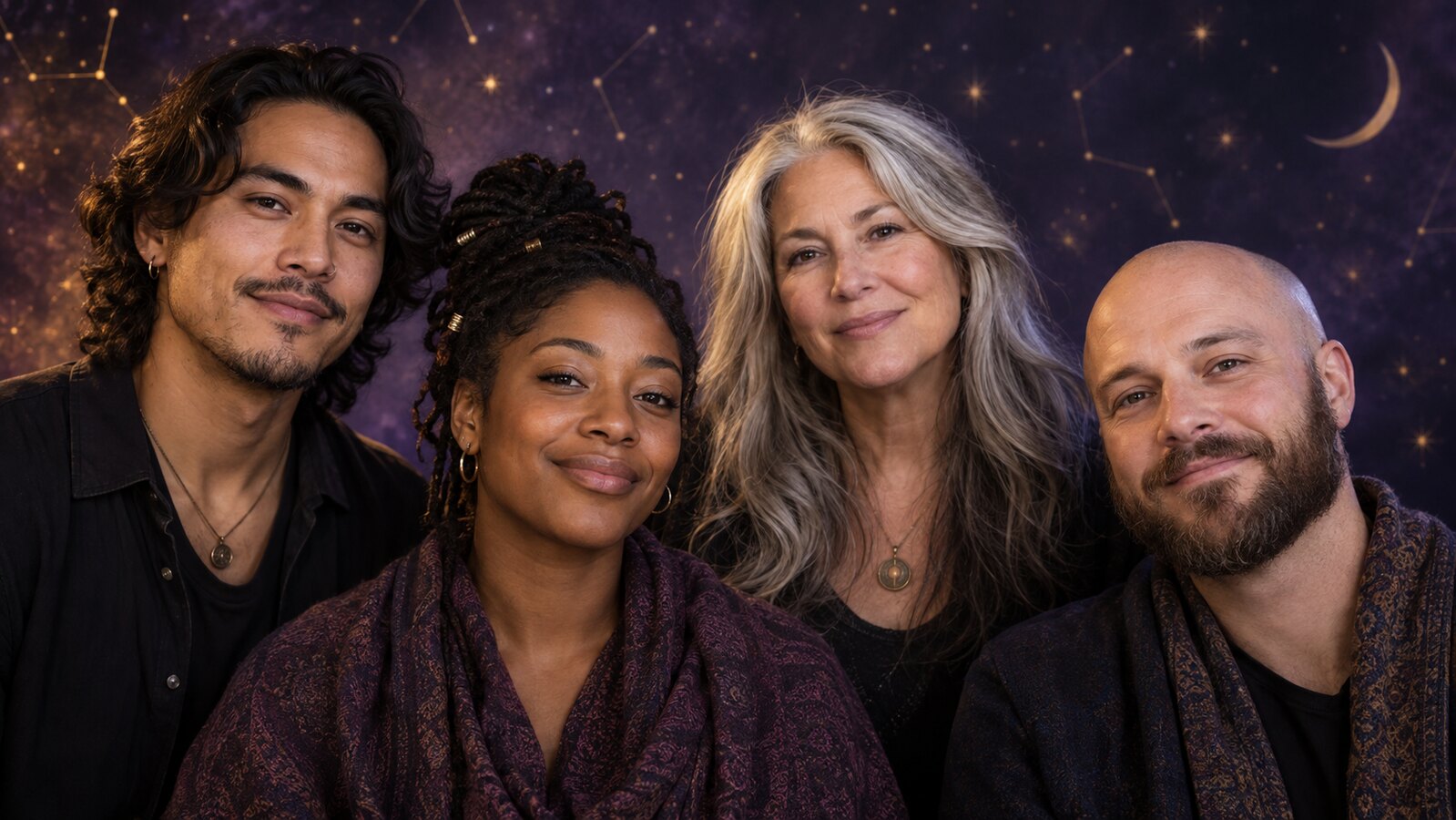 Illustrative portrait of four diverse adults in a calm celestial setting