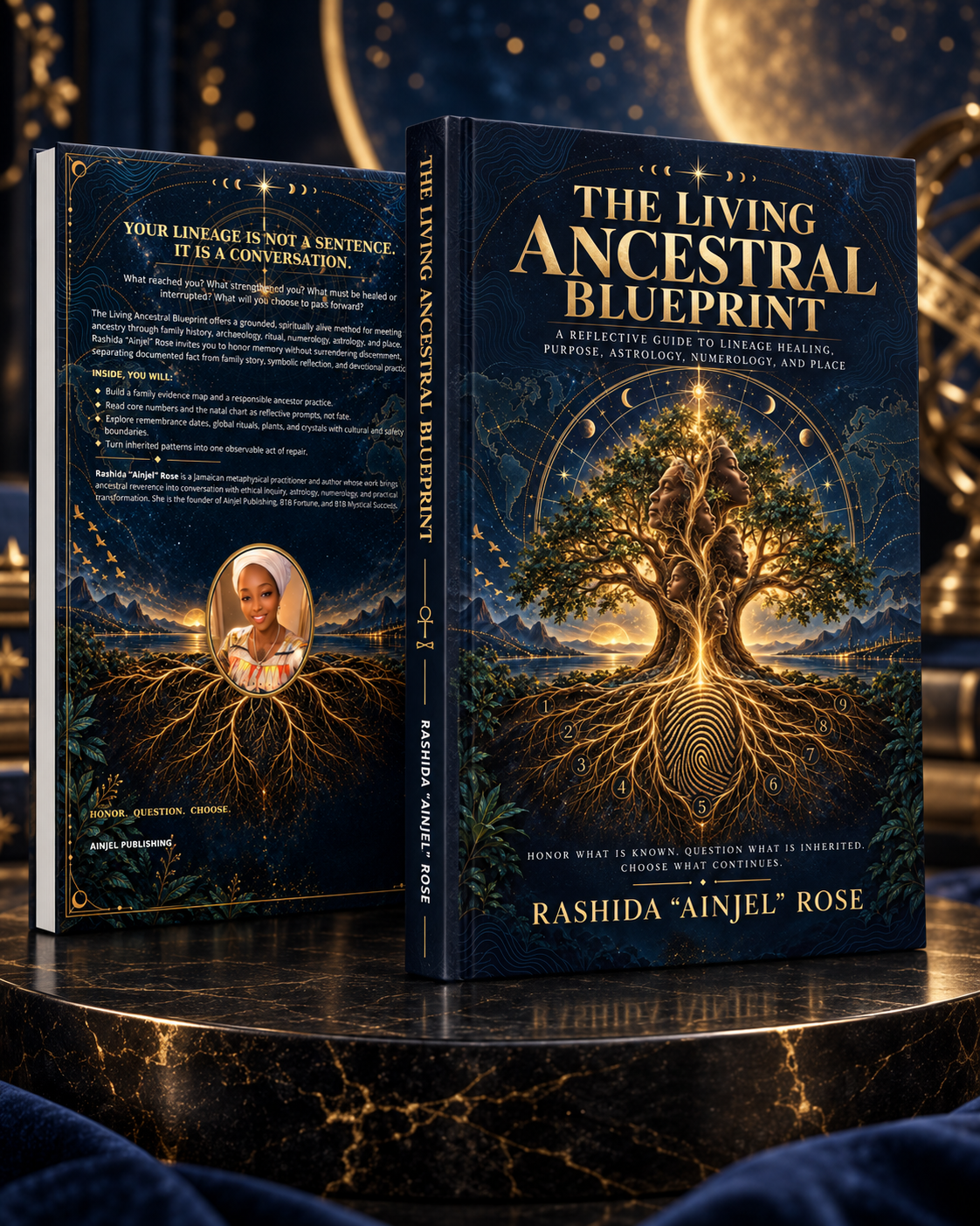 Two-book mockup showing the front, spine and back cover of The Living Ancestral Blueprint